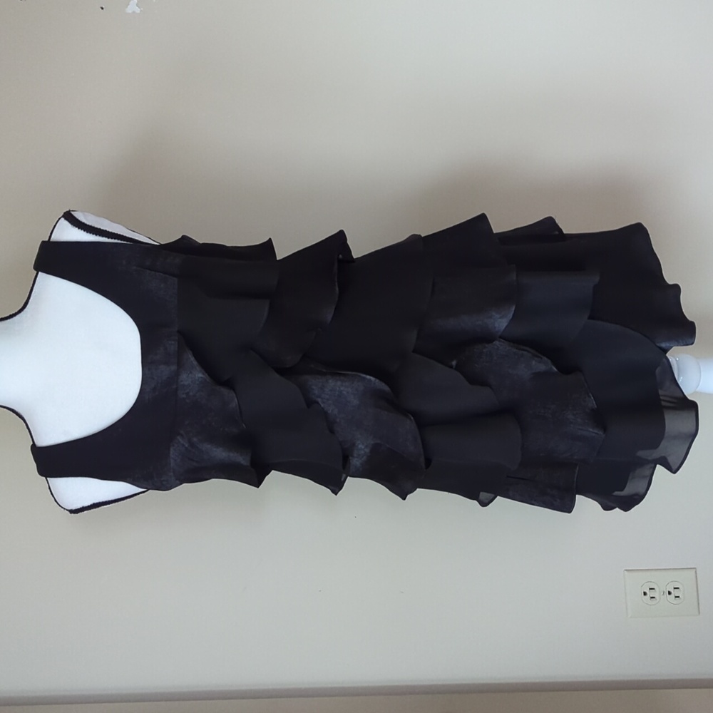 London Times Tiered Ruffle Sheer Sleeveless Lined Dress 10P Black
